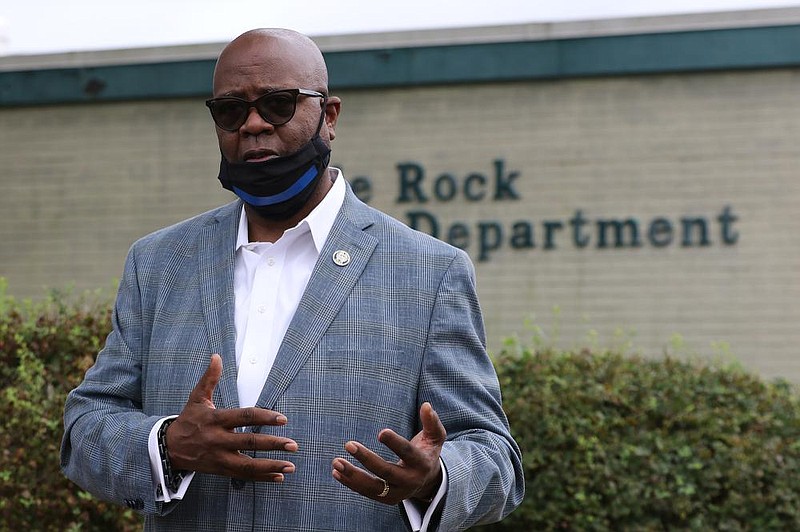 Little Rock Police Chief Keith Humphrey talks about the graffiti spray painted on buildings, police cars and the fallen police officers monument on Thursday, Sept. 3, 2020, in Little Rock. 
(Arkansas Democrat-Gazette/Thomas Metthe)