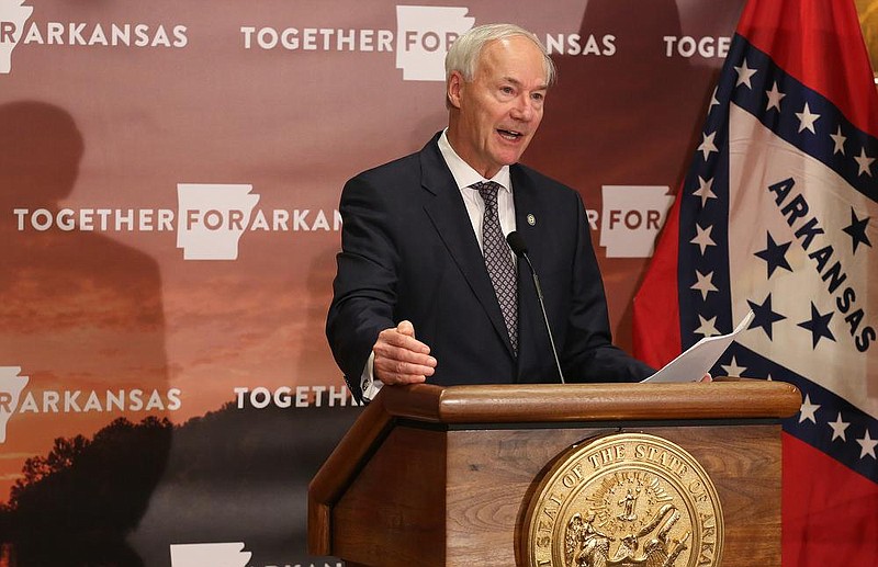 Gov. Asa Hutchinson talks about new cases of COVID-19 during the daily cover-19 briefing on Wednesday, Sept. 1, 2020, at the state Capitol in Little Rock.