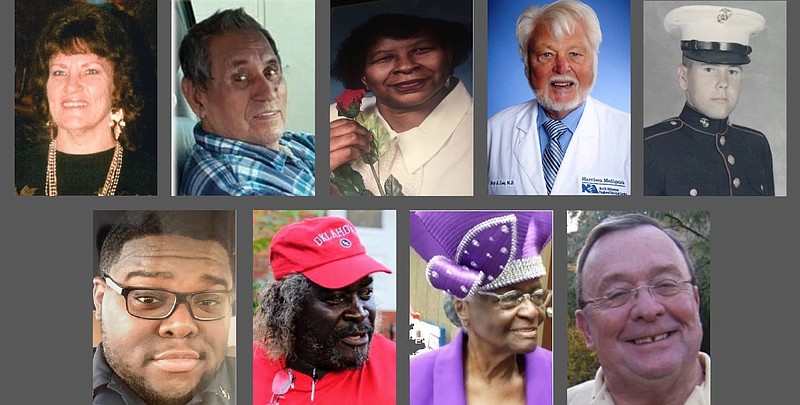 Among the lives lost to the coronavirus in Arkansas in August 2020 were (top row, from left) Violet Lawson, Juan Palacios, Ellen Ford, Dr. Roy Lee, Bruce Hutcheson, (bottom row, from left) Clint Watson II, John Louis Berry Sr., Ester Simpkins and Don Weeks.
