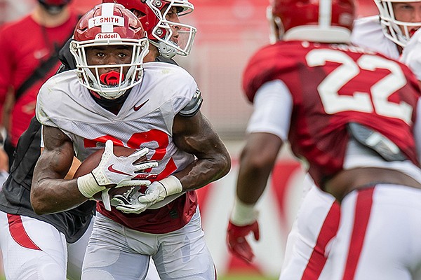 Arkansas running back Trelon Smith (22) is shown during a scrimmage Friday, Sept. 4, 2020, in Fayetteville.