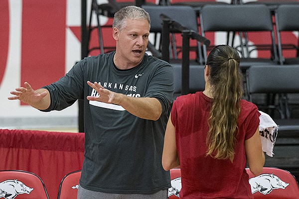 Arkansas volleyball coach Jason Watson is shown during practice Saturday, Aug. 11, 2018, in Fayetteville.