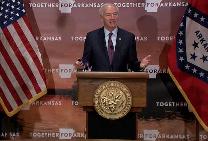 Arkansas Gov. Asa Hutchinson speaks to reporters at the state Capitol in Little Rock on Wednesday in this still of video provided by the governor's office. 
