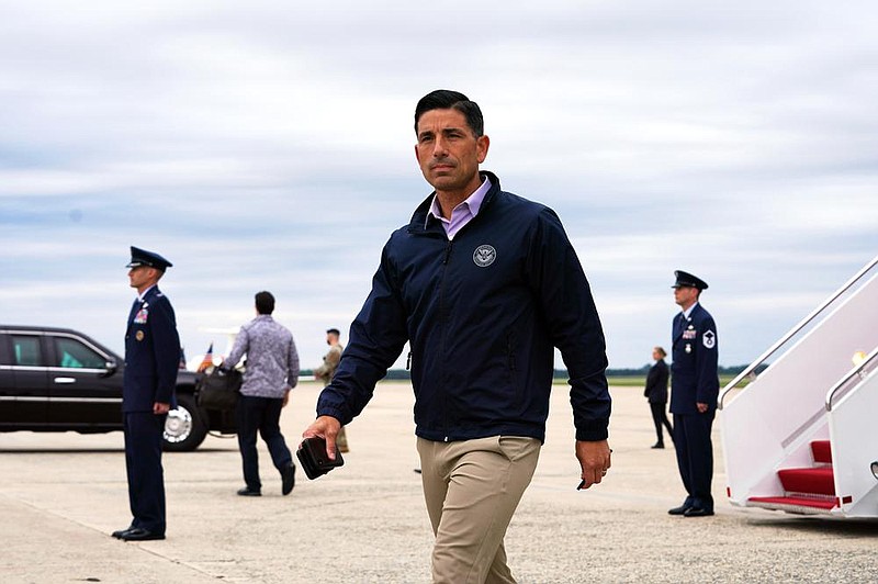 Chad Wolf, acting secretary of the Department of Homeland Security, arrives in Kenosha, Wis., on Sept. 1. A whistleblower complaint by a top intelligence official with the agency contends that Wolf and other department officials directed agency analysts to downplay the threat of violent white supremacy and of Russian election interference because President Donald Trump might find such reports objectionable.
(The New York Times/Anna Moneymaker)