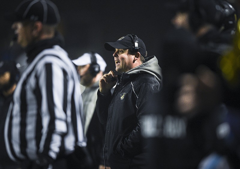 FILE PHOTO -- Bentonville head coach Jody Grant reacts, Friday, November 22, 2019 during the Class 7A quarterfinals football game at Tiger Stadium in Bentonville. (NWA Democrat-Gazette/CHARLIE KAIJO)