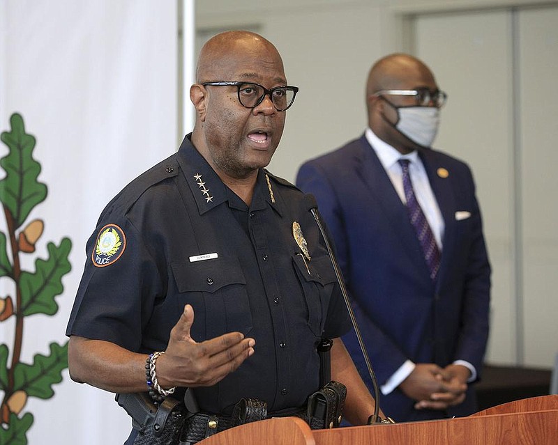 Little Rock Police Chief Keith Humphrey, left, speaks Monday June 8, 2020 along with Mayor Frank Scott Jr. at a press conference in Little Rock. (Arkansas Democrat-Gazette/Staton Breidenthal)