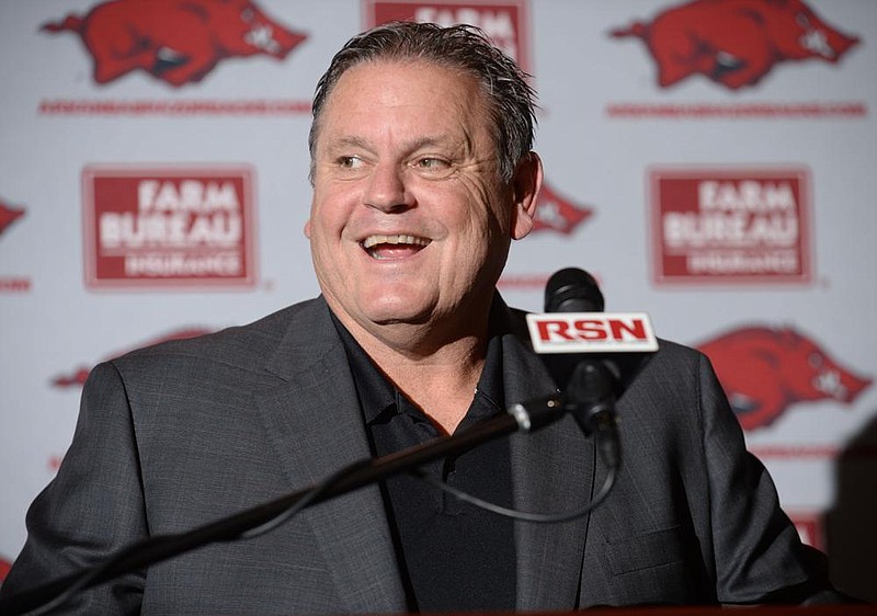 Arkansas coach Sam Pittman speaks Wednesday, Feb. 5, 2020, about the Razorbacks' signees with members of the media inside the Fred W. Smith Football Center on the university campus in Fayetteville. Visit nwaonline.com/200206Daily/ for today's photo gallery.
(NWA Democrat-Gazette/Andy Shupe)