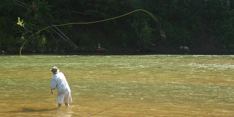 Rusty Pruitt casts a fly Monday on Crooked Creek.
(Arkansas Democrat-Gazette/Bryan Hendricks)