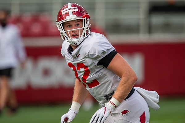 Arkansas tight end Hudson Henry is shown running a route during a preseason practice on Sept. 4, 2020 in Donald W. Reynolds Razorback Stadium.