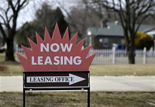 FILE - This March 16, 2015 photo shows a "now leasing" sign outside an apartment complex near Millville, N.J.  (Photo/Mel Evans)