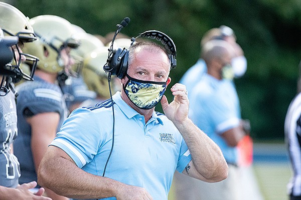 Pulaski Academy coach Kevin Kelley is shown on the sideline during a scrimmage against Bryant on Tuesday, Aug. 18, 2020, in Little Rock.