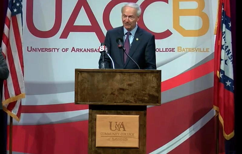 Arkansas Gov. Asa Hutchinson speaks at the University of Arkansas Community College at Batesville on Wednesday in this still of video provided by the governor's office. 
