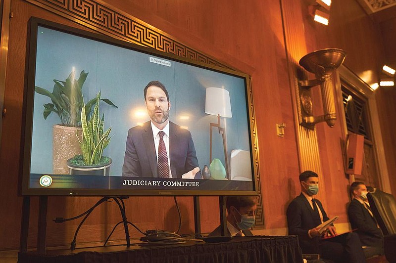 Donald Harrison, president of global partnerships and corporate development for Google, testifies via videoconference Tuesday during the Senate Judiciary antitrust subcommittee hearing.
(AP/Jacquelyn Martin)