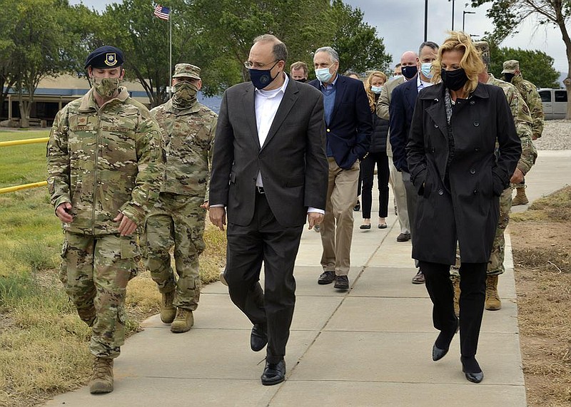 Ambassador Marshall Billingslea (center), special presidential envoy for arms control, and Lisa Gordon-Hagerty (right) of the National Nuclear Security Administration walk with Air Force personnel during a visit last week to Kirtland Air Force Base in Albuquerque, N.M.
(AP/U.S. Air Force/Todd R. Berenger)