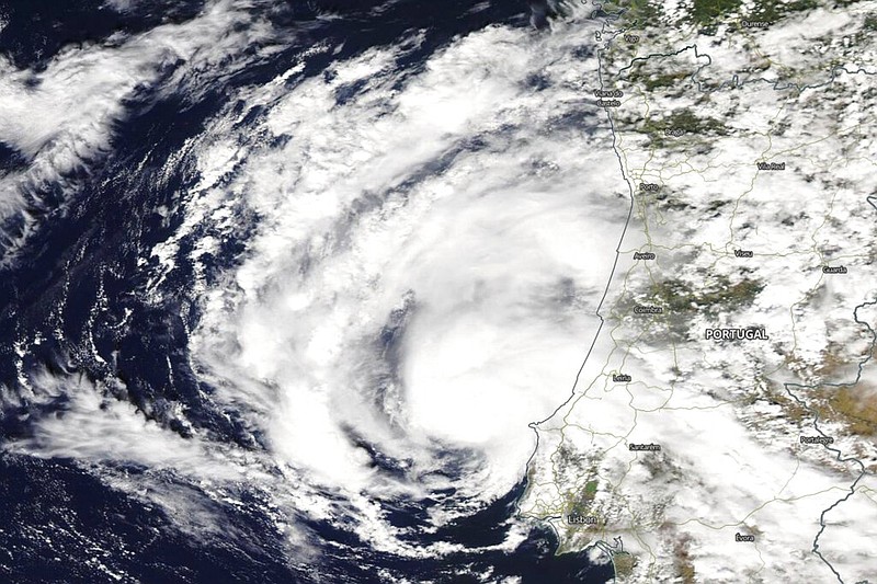 This Aqua satellite image taken Friday, Sept. 18, 2020, and provided by NASA, shows subtropical storm Alpha in the eastern North Atlantic Ocean near Portugal's coast. It's only the second time forecasters have run out of names for Atlantic storms and turned to letters from the Greek alphabet, and a rare instance of a hurricane bearing down on Portugal.