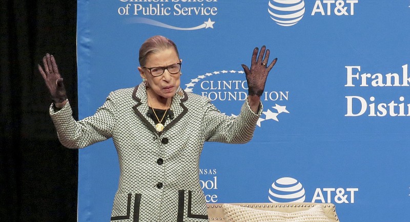 U.S. Supreme Court Justice Ruth Bader Ginsburg waves to the cheering crowd Tuesday evening, Sept. 3, 2019, at what is now Simmons Bank Arena in North Little Rock. More photos of her visit are available at arkansasonline.com/rbg94/