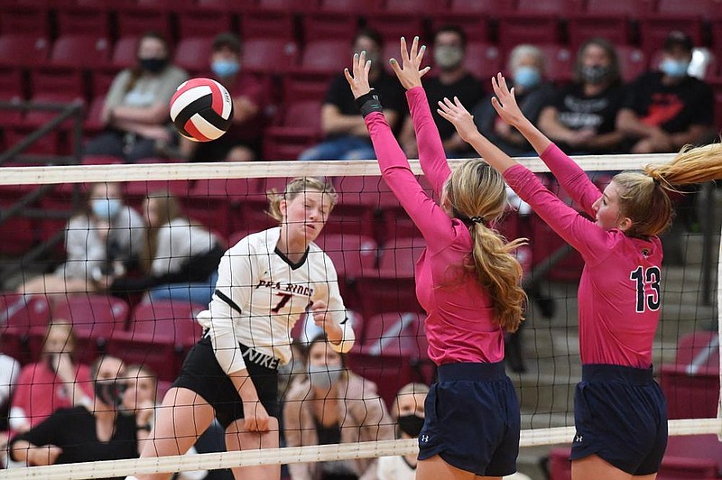 Shiloh Christian's Ryan Russell (13) and Madelyn Sestak block the shot by Pea Ridge's Josey Goldberg Thursday Sept. 17, 2020 at Pea Ridge. For more photos visit http://nwamedia.photoshelter.com/ (NWA Democrat-Gazette/J.T.WAMPLER)  