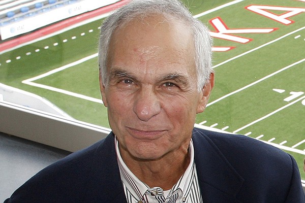 Sports columnist Harry King is shown Thursday, Sept. 9, 2010, at War Memorial Stadium in Little Rock. King was honored by the stadium as a "media legend" and a plaque with his photo was placed inside the War Memorial Stadium press box.