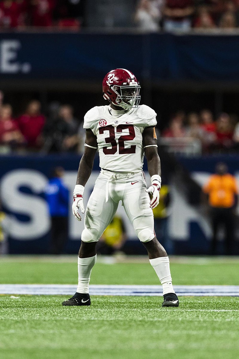 Alabama Crimson Tide linebacker Dylan Moses (32) during the Southeastern Conference Championship NCAA college football game against the Georgia Bulldogs on Saturday, Dec. 1, 2018 in Atlanta. (Ric Tapia via AP)