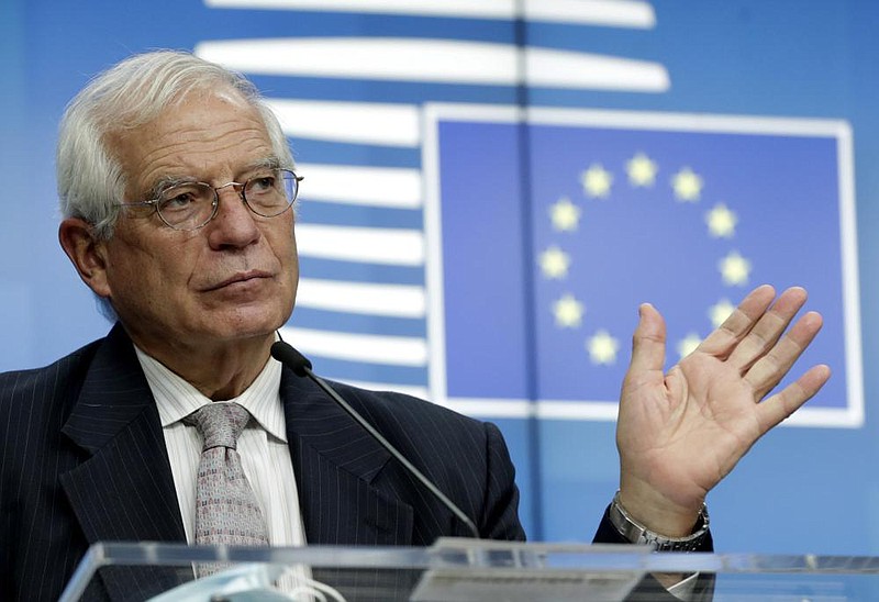 “Although there is a clear will to adopt those sanctions, it has not been possible to do that today because the required unanim- ity was not reached,” European Union foreign policy chief Josep Borrell said after Monday’s meeting in Brussels. More photos at arkansasonline.com/922belarus/ 
(AP/Olivier Hoslet) 