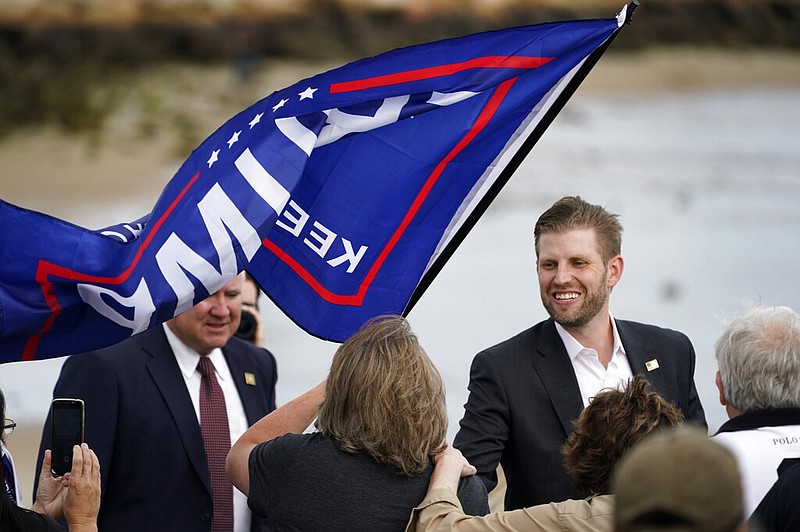 Eric Trump, the son of President Donald Trump, greets supporters at a campaign rally, Tuesday, Sept. 17, 2020, in Saco, Maine. (AP Photo/Robert F. Bukaty)

