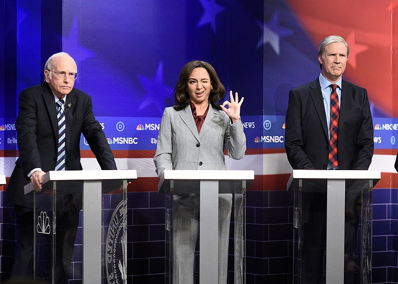 Larry David portrays Bernie Sanders (from left), Maya Rudolph does Kamala Harris and Will Ferrell plays Tom Steyer during a “Saturday Night Live” sketch in 2019.

(NBC/Will Heath)