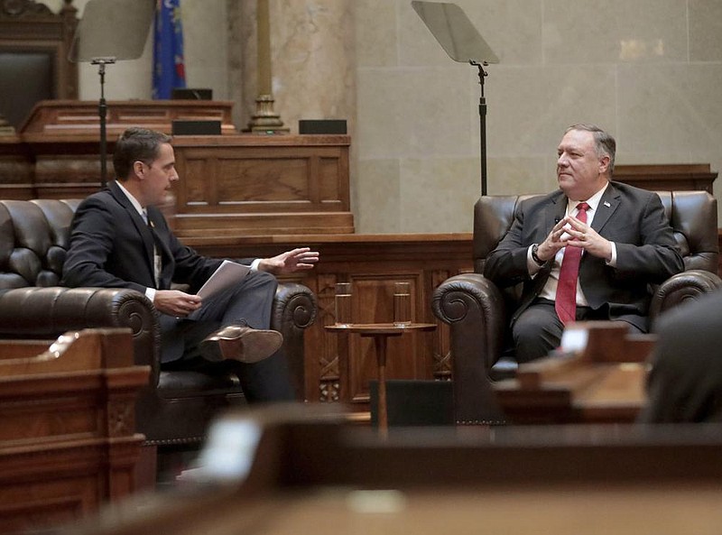 Wisconsin state Senate president Roger Roth asks U.S. Secretary of State Mike Pompeo a question Wednesday during a meeting with Republican legislators in Madison.
(AP/Wisconsin State Journal/John Hart)