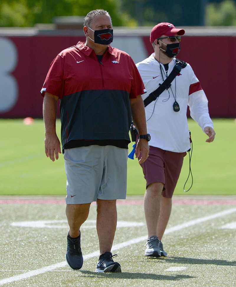 Coach Sam Pittman said some Arkansas players would miss Saturday’s opener because of covid-19.
(NWA Democrat-Gazette/Andy Shupe)