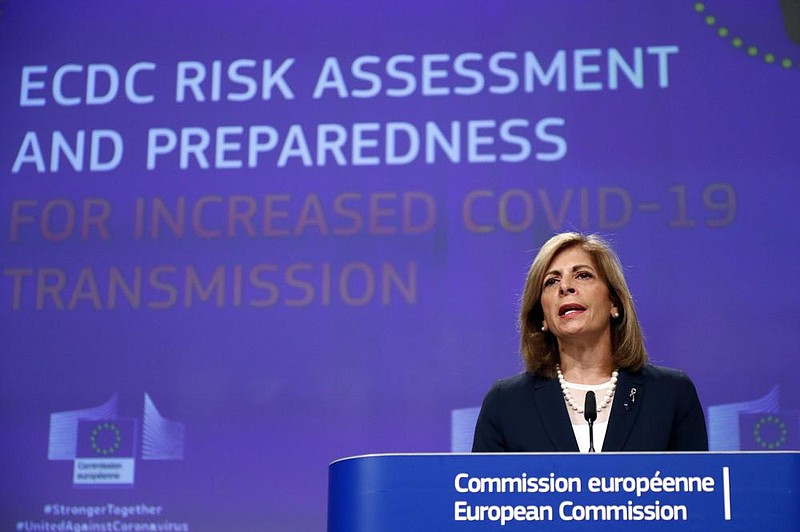 “All member states must be ready to roll out control measures, immediately and at the right time, at the very first sign of potential new outbreaks,” European Commissioner for Health Stella Kyriakides said Thursday at EU headquarters in Brussels regarding the coronavirus. More photos at arkansasonline.com/925virus/.
(AP/Francois Lenoir)