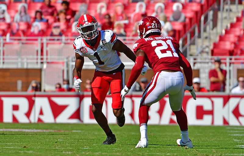 University of Arkansas defensive back Montaric Brown lines up against University of Georgia wide receiver George Pickens in the first half at Donald W. Reynolds Razorback Stadium on September 26, 2020. 