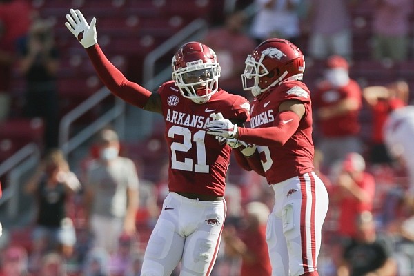 Arkansas defensive back Montaric Brown (21) reacts after intercepting the ball on Saturday, September 26, 2020 during the first half of a football game at Donald W. Reynolds Razorback Stadium in Fayetteville. Check out nwaonline.com/200927Daily/ for the photo gallery. 