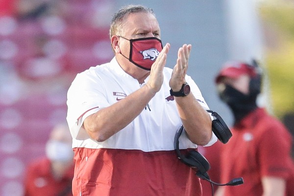 Arkansas head coach Sam Pittman reacts to a play on Saturday, September 26, 2020 during the second half of a football game at Donald W. Reynolds Razorback Stadium in Fayetteville. Check out nwaonline.com/200927Daily/ for the photo gallery. 