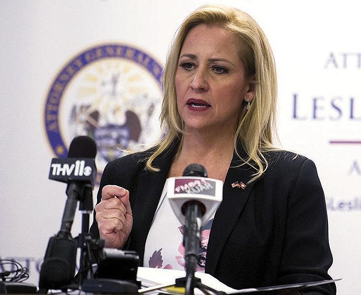 Arkansas Attorney General Leslie Rutledge gives a press conference on upcoming litigation for a consumer protection case on Wednesday, Feb. 19, 2020.