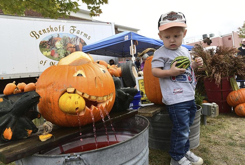 Bryce Weimert, 2, of Ebensburg, Pa., is not quite sure what to make of a watering pumpkin display Saturday during the Spud Stroll in Ebensburg. Because of the pandemic, Spud Stroll re- placed the borough’s annual Potatofest. 
(AP/The Tribune-Democrat/John Rucosky) 