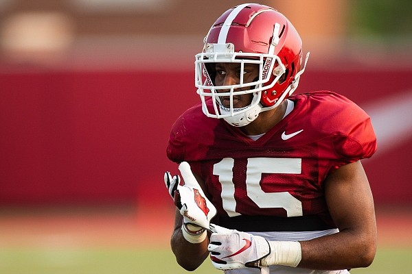 Arkansas defensive back Simeon Blair looks on during a play in a team practice on Sept. 19, 2020 in Fayetteville.