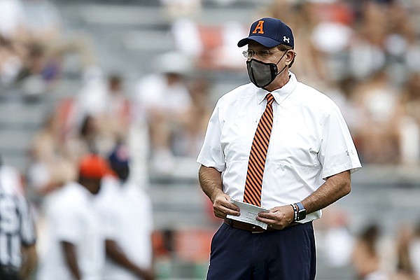 Auburn head coach Gus Malzahn before the start of an NCAA college football game against Kentucky on Saturday, Sept. 26, 2020 in Auburn, Alabama. (AP Photo/Butch Dill)