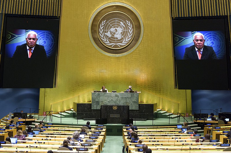 In this photo provided by the United Nations, Bob Loughman, prime minister of Vanuatu, speaks in a pre-recorded message which was played during the 75th session of the United Nations General Assembly, Saturday, Sept. 26, 2020, at U.N. headquarters. (Manuel Elias/UN Photo via AP)

