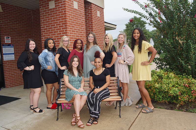 Pictured standing are Freshman Maid Presley Ainsworth, Freshman Maid Cheridan Gafford, Sophomore Maid Jillian Gorman, Junior Maid Ma’Kalia Massey, Sophomore Maid Taylor McDowell, Junior Maid Landree Clark, Senior Maid Rylee Darden and Senior Maid Karis Robinson. Pictured seated are Maid of Honor Paige Goodwin and Homecoming Queen Hayley Johnson. (Contributed)