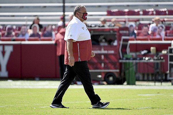 Arkansas football coach Sam Pittman is shown prior to a game against Georgia on Saturday, Sept. 26, 2020, in Fayetteville. (AP Photo/Michael Woods)