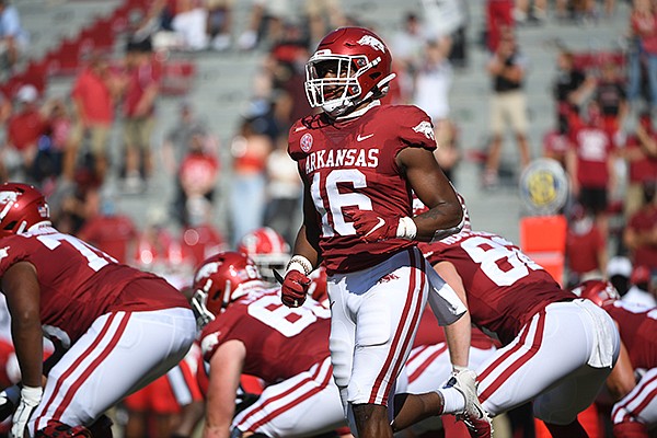 Arkansas receiver Treylon Burks goes in motion during a game against Georgia on Saturday, Sept. 26, 2020, in Fayetteville. (AP Photo/Michael Woods)


