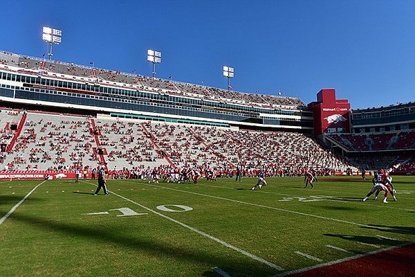 Donald W. Reynolds is shown during a game between Arkansas and Georgia on Saturday, Sept. 26, 2020, in Fayetteville. (AP Photo/Michael Woods)