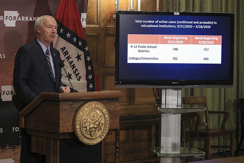 Gov. Asa Hutchinson speaks Tuesday Sept. 29, 2020 in Little Rock during his weekly covid-19 briefing at the state Capitol. See more photos at arkansasonline.com/930governor/. (Arkansas Democrat-Gazette/Staton Breidenthal)