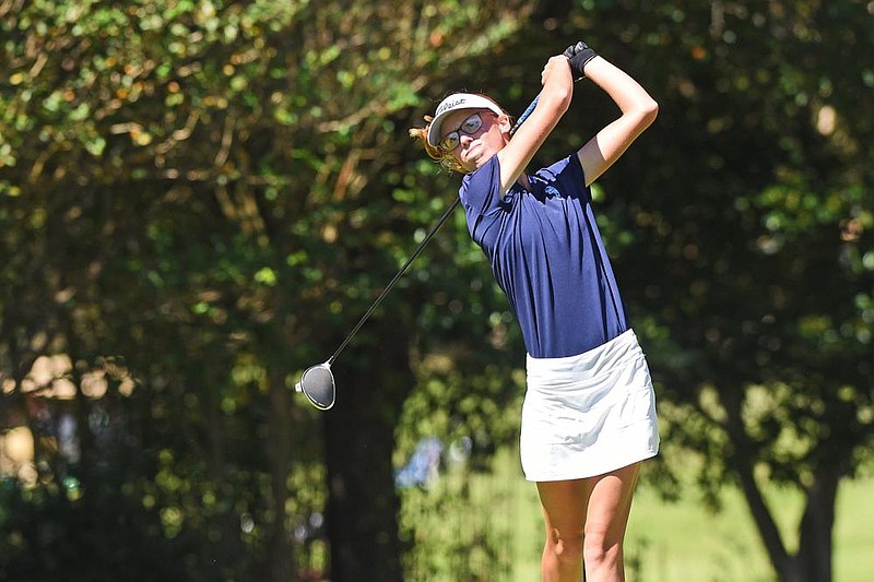 FILE — pringdale Har-Ber's Grace Kilcrease tees off on the 10th hole during the second round of the Class 6A girls state golf championship at Hurricane Golf & Country Club in Bryant in this Sept. 30, 2020 file photo. More photos at arkansasonline.com/101golf/.
(Arkansas Democrat-Gazette/Staci Vandagriff)