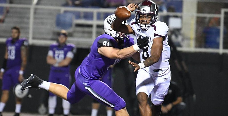 Central Arkansas defensive lineman Logan Jessup (left) forces Missouri State quarterback Jaden Johnson to fumble during UCA’s victory last week. UCA forced four turnovers and sacked Johnson nine times during the victory.
(Photo courtesy of the University of Central Arkansas)