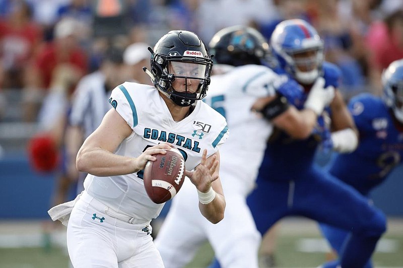 FILE - Coastal Carolina quarterback Grayson McCall and the Chanticleers’ triple-option offense will test Arkansas State in today’s game, ASU defensive coordinator David Duggan said. (AP Photo/File)