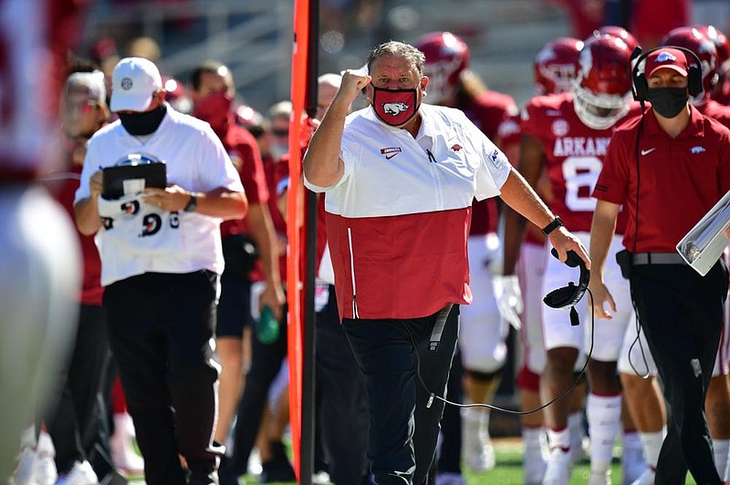 First-year Arkansas Coach Sam Pittman said he and his staff have not discussed the Razorbacks’ struggles in recent years with the players. “Never mentioned it,” he said.
(University of Arkansas/Walt Beazley) story.lead_photo.caption