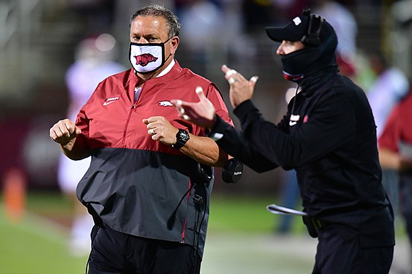 Arkansas head coach Sam Pittman (left) and offensive coordinator Kendal Briles are shown during a game against Mississippi State on Saturday, Oct. 3, 2020, in Starkville, Miss.