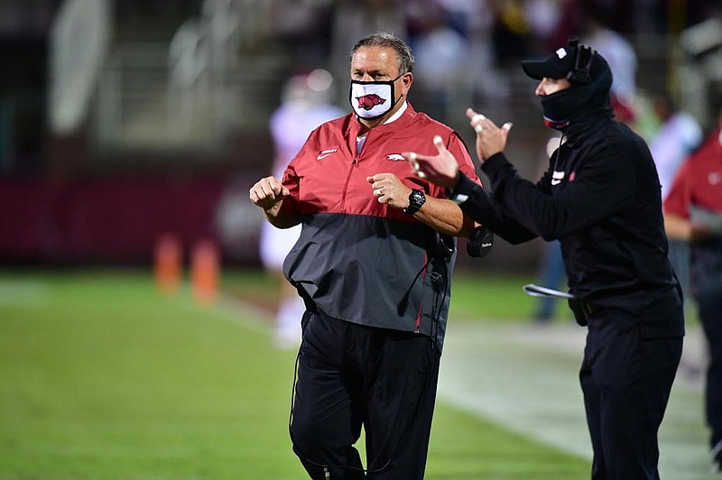 First-year Coach Sam Pittman earned his first victory at Arkansas when the Razorbacks upset No. 16 Mississippi State 21-14 on Saturday in Starkville, Miss. “I’m just really proud of the team,” Pittman said.
(University of Arkansas/Walt Beazley)