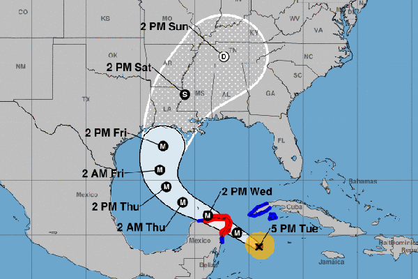 This image provided by the National Hurricane Center shows the projected path of Hurricane Delta, which is projected to make landfall along the U.S. Gulf Coast sometime Friday or Saturday.