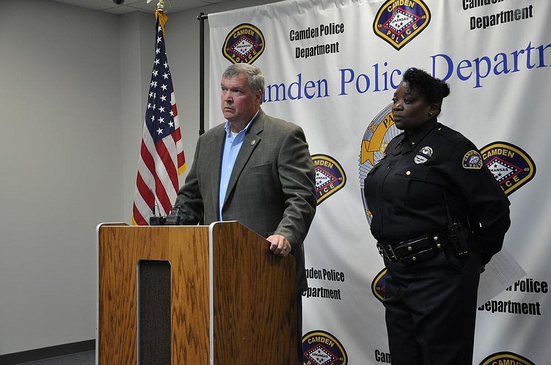 Camden Police Chief Boyd Woody and Lieutenant LaRhonda Moore speak at a news conference Tuesday morning following the announcement of the suspect’s arrest in California. (Special to the Arkansas Democrat-Gazette)  