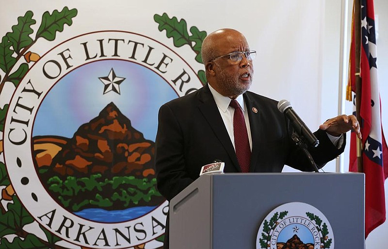 U.S. Rep. Bennie Thompson talks about security issues during a press conference about the second annual Infrastructure and Homeland Security round table on Monday, Oct. 5, 2020, at the Bill and Hillary Clinton National Airport in Little Rock. 
(Arkansas Democrat-Gazette/Thomas Metthe)